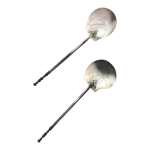 Antique Iridescent Shell Serving Spoons With Silver Plated Handles (Pair)