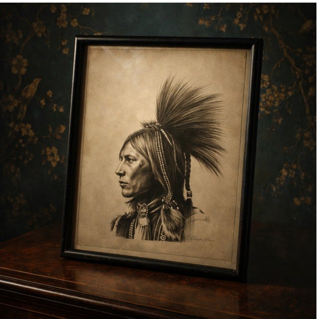 A striking vintage fine art portrait study executed in charcoal on warm, aged paper. Rendered in dramatic profile, this...