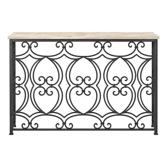 Ornate Iron Console With Cream Travertine Top For Sale
