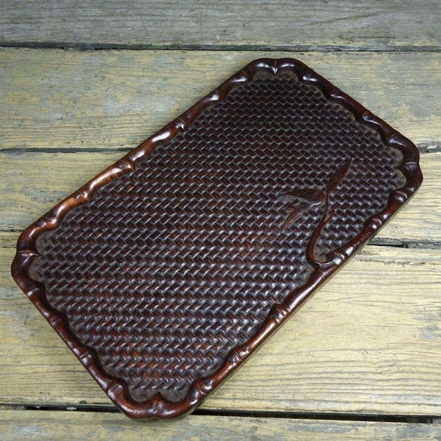 Vintage Rosewood Tea Tray - Carved Woven & Bamboo Motif For Sale In Los Angeles - Image 6 of 9
