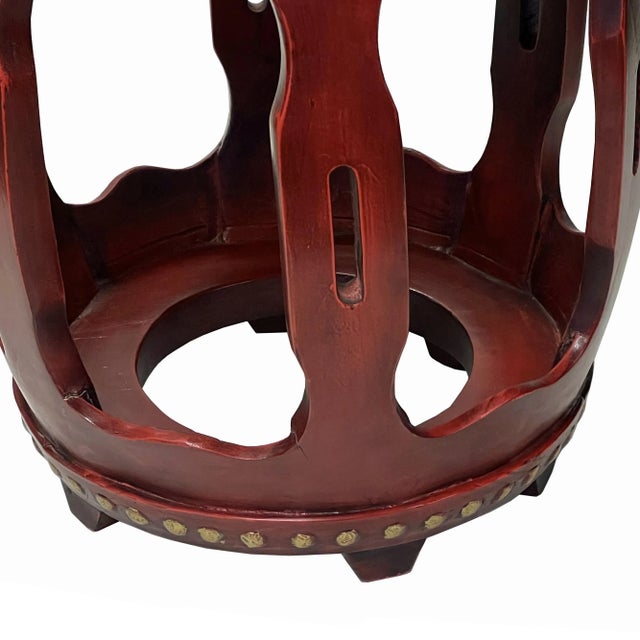 Chinese Distressed Brick Red Gold Dots Wood Open Ru Yi Bar Round Barrel Stool For Sale - Image 4 of 7