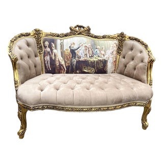 1970s French Louis XVI Tan Velvet Gilt Beech Settee For Sale