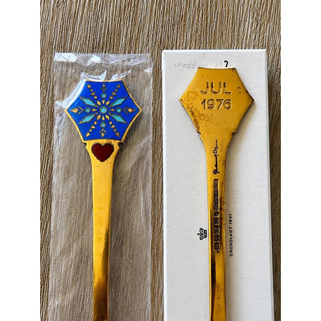 Mid-Century Modern 1970s 976 A. Michelsen Gilt Sterling Silver and Guilloché Enamel Christmas Spoon & Fork by Gudmund Olsen - Set of 2 For Sale - Image 3 of 9