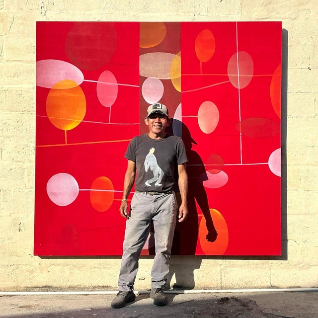 Textile Vintage Boho Geometric Abstract Oil Painting on Canvas For Sale - Image 7 of 12