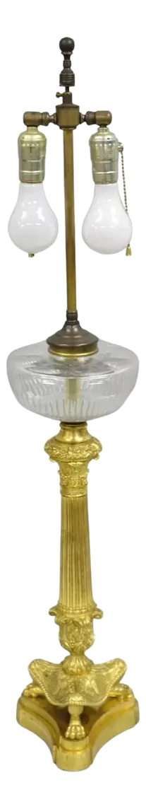 Antique French Empire Neoclassical Gold Dore Bronze Figural Column Table Lamp