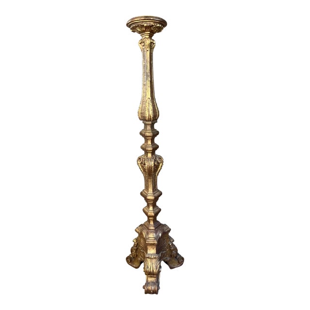 Late 19th Century Italian Carved Wooden Gilt Gold Torchiere Floor Candle Stick For Sale