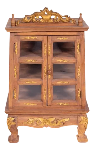 Acacia Wood Display Cabinet with Golden Decorations and Carvings, Thailand