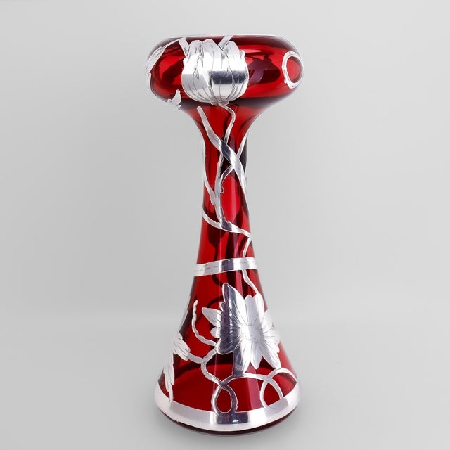 Metal Antique Art Nouveau Cranberry Glass & Silver Overlay Vase For Sale - Image 7 of 13