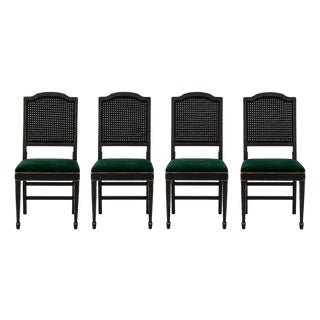 Mid 20th Century Set of Four Leg-O-Matic Collapsible Cane Back Dining Chairs in Onyx Black & Emerald Velvet For Sale