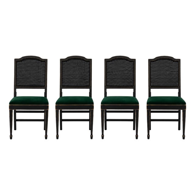 Mid 20th Century Set of Four Leg-O-Matic Collapsible Cane Back Dining Chairs in Onyx Black & Emerald Velvet For Sale