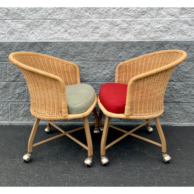 Mid 20th Century Vintage Natural Woven Wicker Barrel Chairs on Casters - Set of 2 For Sale - Image 5 of 11