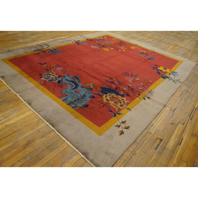 Art Deco 1920s Orange Floral Modern Antique Chinese Art Deco Handknotted Wool Rug For Sale - Image 3 of 10