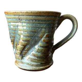 Matt Wright Studio Pottery Mug Green Color and Ribbed, Dented Design For Sale
