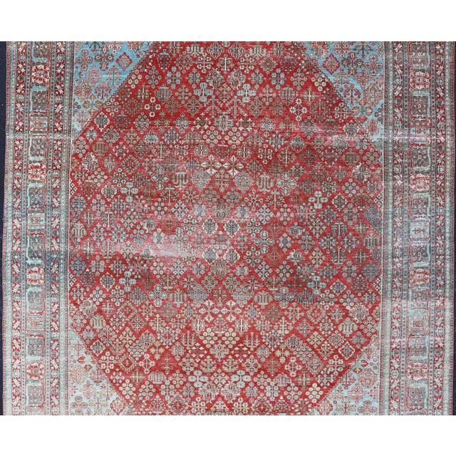 Antique Persian Joshegan Rug With Geometric Medallion Design in Red and Lt. Blue 9'6 X 12'3 For Sale - Image 13 of 15