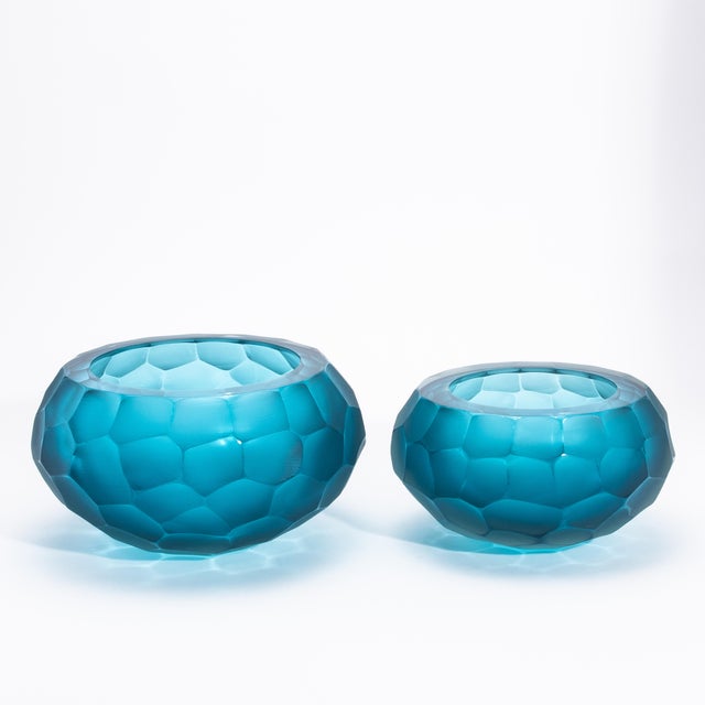 Glass Hand-Blown Modern Murano Bowl in Aquamarine Medium For Sale - Image 7 of 8