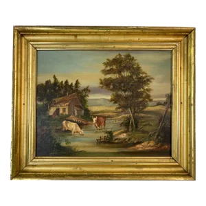 Antique Oil on Canvas in Lemon Gold Gilt Frame