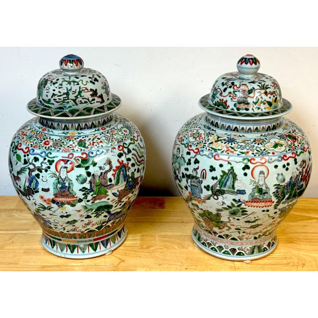 Pair Monumental Chinese Famille Verte Buddhist Ginger Jars, Late Qing Dynasty For Sale - Image 11 of 18