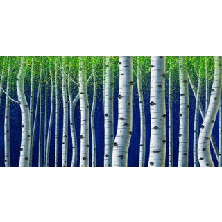 Deep Blue Forest by Thane Gorek | Oil on board Forest scene with white trees and blue background. For Sale