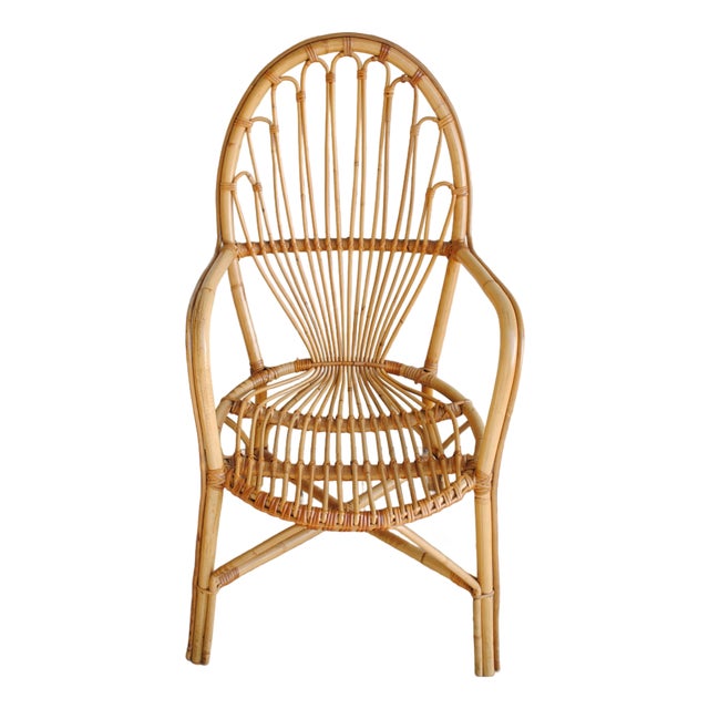 Vintage Arm Chair Rattan Bamboo Fan Back 1960's For Sale
