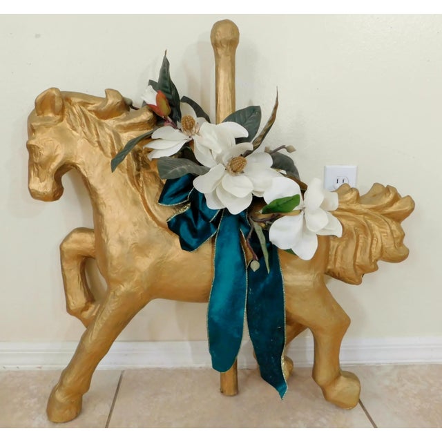 X-Large Vintage Gold Hand Painted & Decorated Paper Mache Carousel Horse For Sale - Image 9 of 9