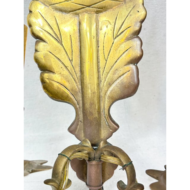 Late 20th Century Vintage Brass and Mirrored Chapman Leaf and Acorn Electric Sconces-a Pair For Sale - Image 5 of 10