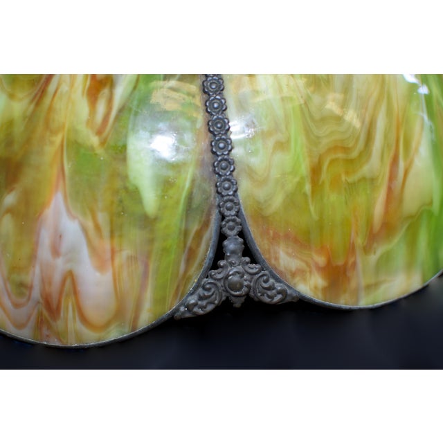 Antique Avocado Ceiling Light Shade With Slag Glass and Bronze Bands For Sale - Image 15 of 18