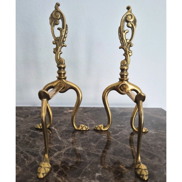Metal Pair of Handmade Italian Solid Brass Fireplace Andirons For Sale - Image 7 of 8