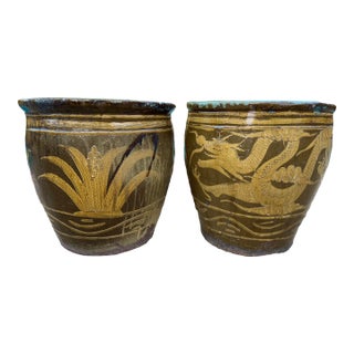 Early 20th Century Tony Duquette Style Glazed Chinese Dragon Egg Pots - a Pair For Sale