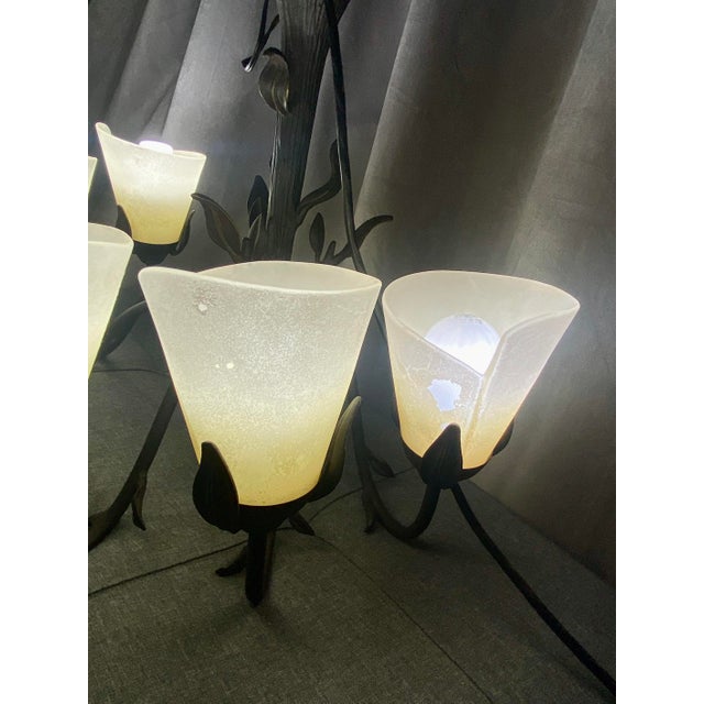 Vintage Art Nouveau Vine Chandelier 6 Arm Adjustable Brown Leafy Branches With Tulip Sconces For Sale - Image 10 of 12