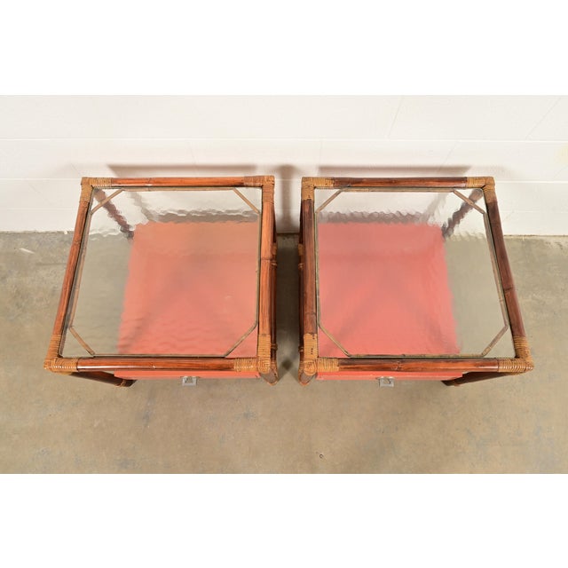 Brown John Wisner for Ficks Reed Mid-Century Hollywood Regency Bamboo Rattan Glass Top Side Tables, Pair For Sale - Image 8 of 11