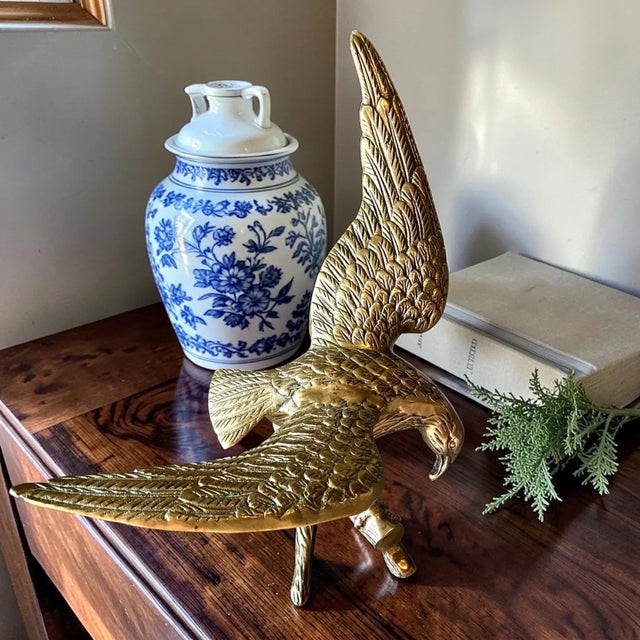 1970s Vintage Solid Brass Eagle | Mid-Century Brass Bird Figurine | 12" Wingspan | Hollywood Regency Decor | Traditional Office Shelf Accent For Sale - Image 5 of 8