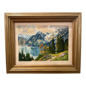 Watercolor Painting Mountain Lake Original by E. Schickle Gold Frame