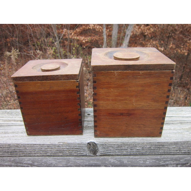1950s Vintage Wood Kitchen Canisters MCM Hand Carved Hardwood Japan CI Star Nesting Kitchen Storage Set of 2 For Sale - Image 5 of 12