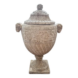 Late 20th Century Large Neoclassical Style Lidded Urn With Ram Head Handles, Aged Stone Finish For Sale