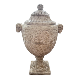Late 20th Century Large Neoclassical Style Lidded Urn With Ram Head Handles, Aged Stone Finish