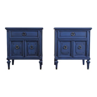 Mid Century Blue Painted Nightstands - a Pair (D) For Sale