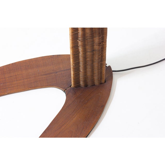Italian Wood Arc Floor Lamp with Rattan Shade, 1970s For Sale - Image 9 of 18