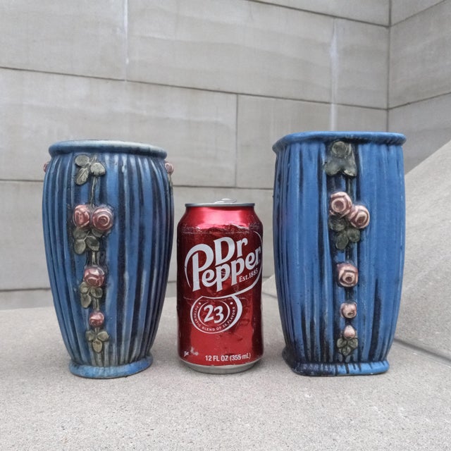 1915 Weller Art Pottery Blue Drapery Pair (2x) of Vases For Sale - Image 12 of 12