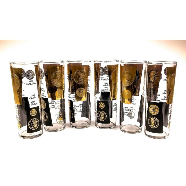 Gold and Black embossed coins of the United States are impressive on these tall glasses. Vintage yet look as if never...