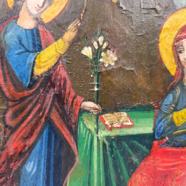 19th Century Greek Orthodox Annunciation Archangel Gabriel and Virgin Mary Icon Painting on Wood Block For Sale In Tampa - Image 6 of 10
