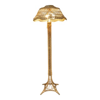 1940s Wicker Rattan Floor Lamp 71" Boho Coastal Cottage core Eiffel Tower Triple Socket For Sale