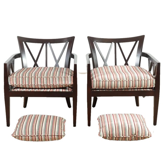 Hollywood Regency Pair of Barbara Barry for Baker Furniture Black Double X Arm Chairs Cut Velvet Fabric For Sale - Image 3 of 6