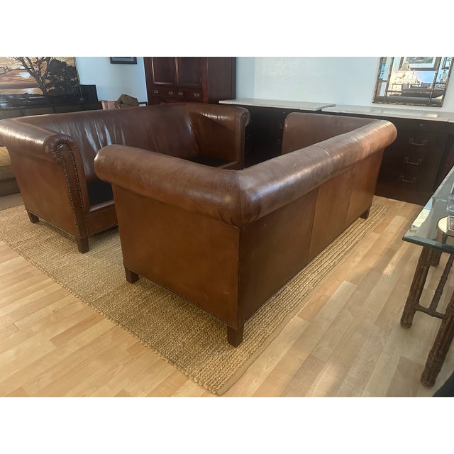 Brown VIntage Pair of Ralph Lauren Home Brompton Leather Sofas-Cognac Leather, Nailhead Trim & Custom Upholstery For Sale - Image 8 of 17