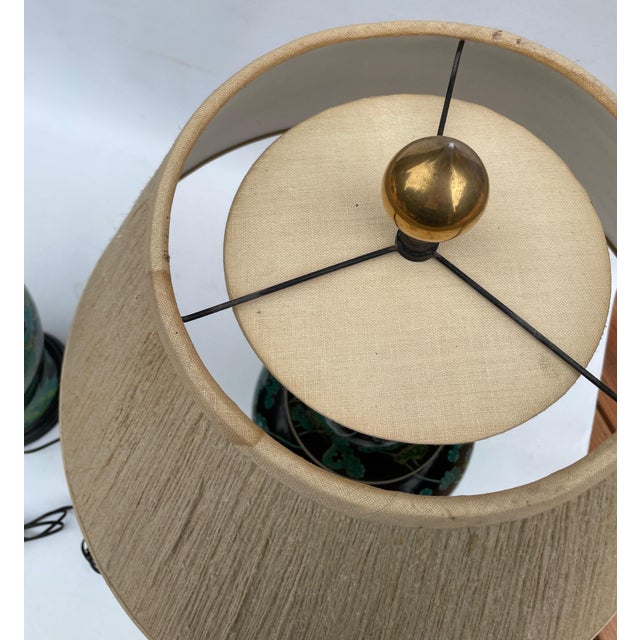 1900s Large Porcelain Floral Temple or Ginger Jar Lamps With Shades - A Pair - For Sale - Image 9 of 10