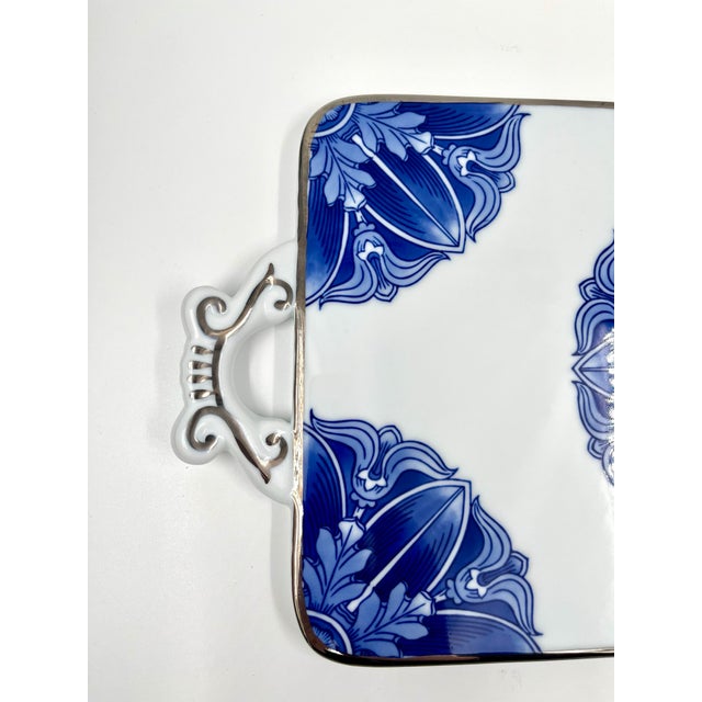 Vintage Chinoiserie Blue and White Ceramic Tray Serving Platter Bombay Company For Sale In New York - Image 6 of 11