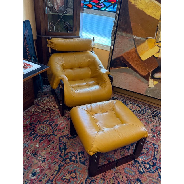 Percival Lafer Matching Lounge Chair and Ottoman by Percival Lafer, Mp-97, Brazilian Rosewood With Original Mustard Leather For Sale - Image 4 of 12