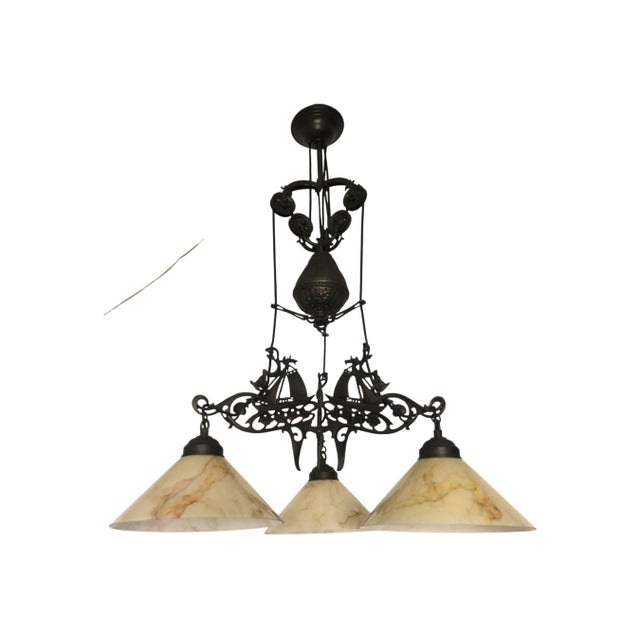 Vintage Nautical Cast Iron Chandelier With Opaline Glass Shades – 3 Lights For Sale - Image 4 of 9