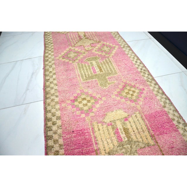 Textile Vintage Pink Color Corridor Handmade Wool Runner For Sale - Image 7 of 11