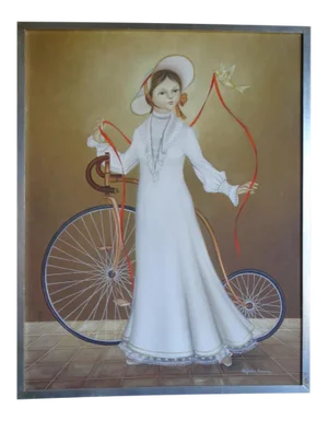Alejandro Camarena Painting, Girl With a Penny Farthing Bicycle, a Dove and a Long Red Ribbon