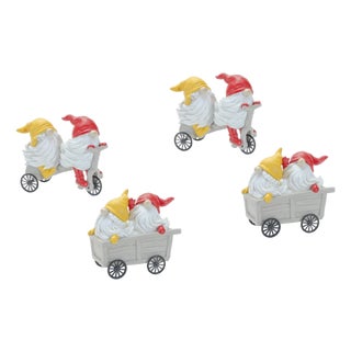 Whimsical Garden Gnome Figurine Riding a Scooter and Wheelbarrow (Set of 4) For Sale